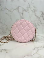 Chanel 22S Round Clutch with Chain in Pink Caviar and Crystals Studded Logo
