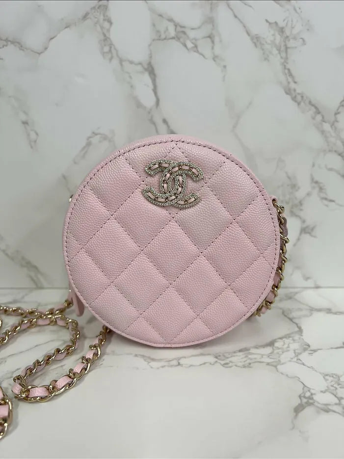 Chanel 22S Round Clutch with Chain in Pink Caviar and Crystals Studded Logo