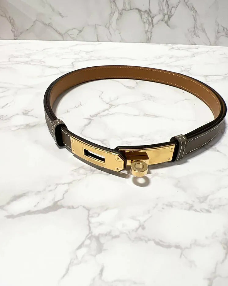 愛馬仕 Kelly 18 可調式腰帶，灰褐色，金色五金，尺寸 60cm-100cm