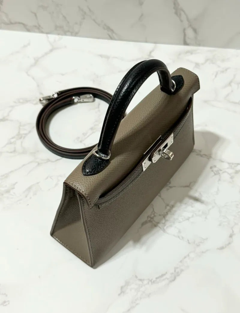 Hermes Mini Kelly 2 Epsom PHW Etoupe / Ecorce / Noir