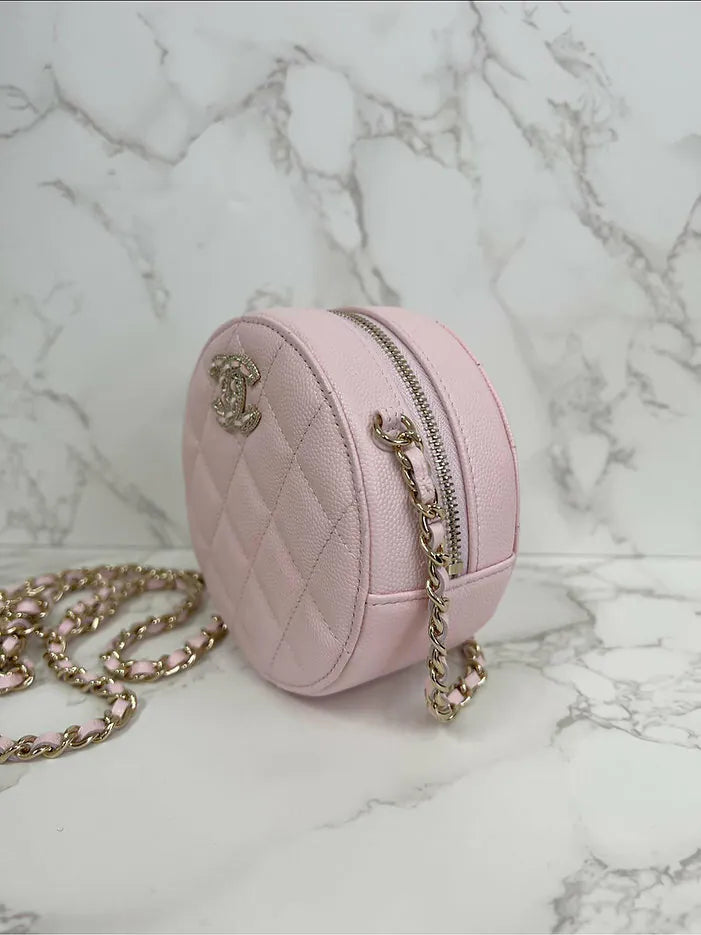 Chanel 22S Round Clutch with Chain in Pink Caviar and Crystals Studded Logo