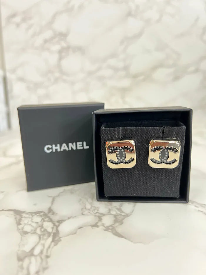 Chanel Gold Square CC Logo Earrings
