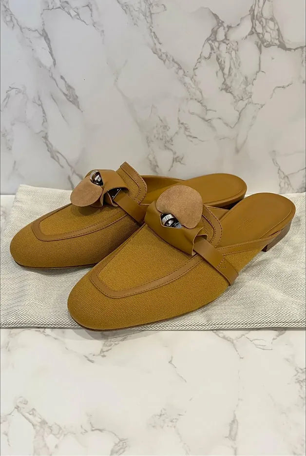 Hermes Oz Mule Calfskin Cotton Canvas Batural Geige Dore GHW Size 39