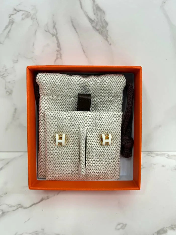 Hermes Mini Pop H 耳環 白色 GHW