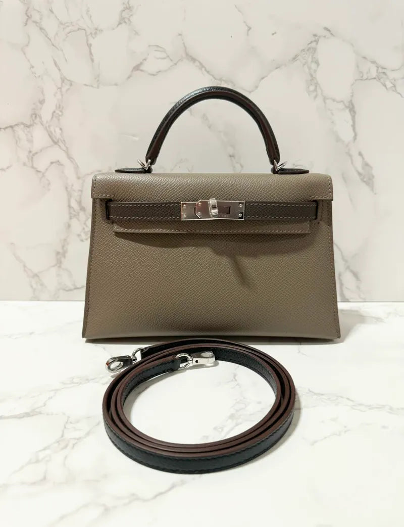 Hermes Mini Kelly 2 Epsom PHW Etoupe / Ecorce / Noir