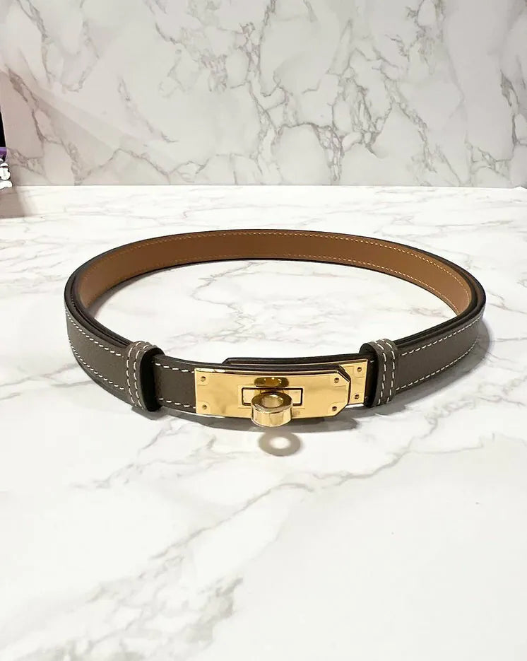 愛馬仕 Kelly 18 可調式腰帶，灰褐色，金色五金，尺寸 60cm-100cm